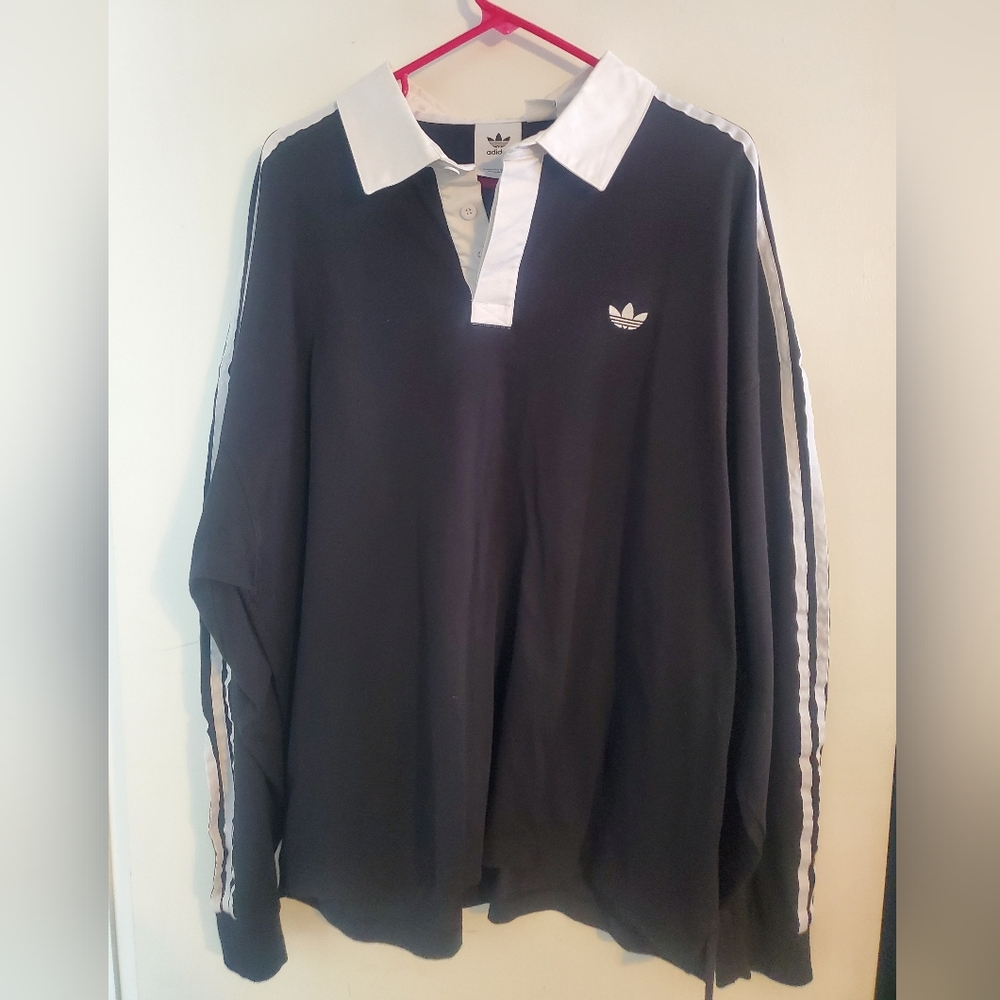 Adidas Black 3-Stripes Rugby Long Sleeve Polo - Picture 2 of 4